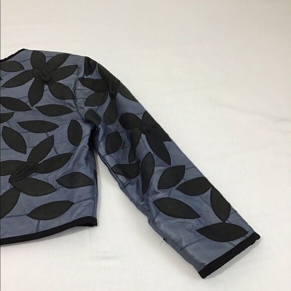 Leather Custom Made Crop Jacket Blue With Flower Petal Crew Neck Cropped Jacket - Picture 11 of 15